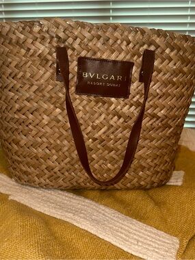 Bulgari  Dubai Woven Straw Tote with Brown Leather Handles